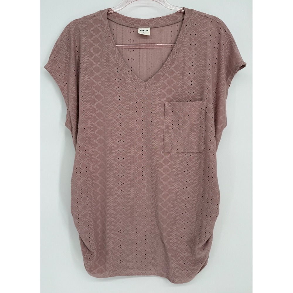 BKRIVE Womens V-Neck Pointelle Eyelet Knit Top Dusty Rose Mauve Cap Sleeve Sz XL